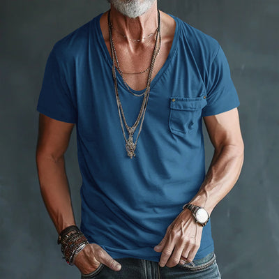 Men’s V-Neck T-Shirt – Short Sleeve – Rolled Cuffs – Chest Pocket – Casual Fit