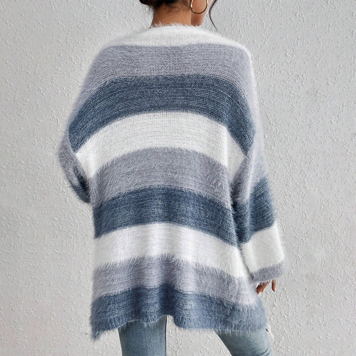 Women’s Knit Cardigan – Oversized Fit – Plush Texture – Open Front – Striped Design