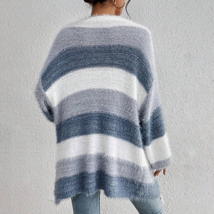 Women’s Knit Cardigan – Oversized Fit – Plush Texture – Open Front – Striped Design
