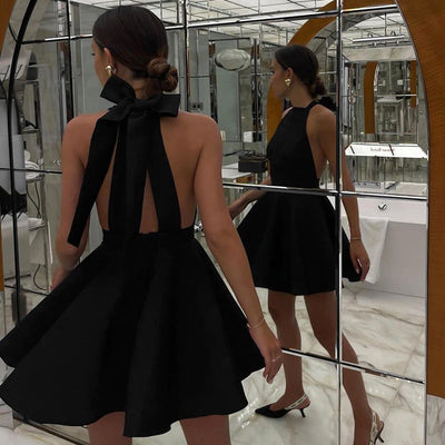 Women’s Mini Dress – Satin Look – Halter Neck – Backless A-Line – Elegant Fit