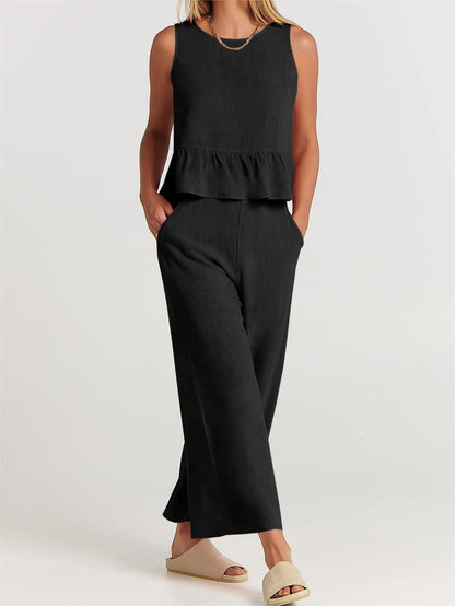 Women’s Peplum Top – Lightweight Cotton Blend – Relaxed Fit – Sleeveless Rounded Neckline