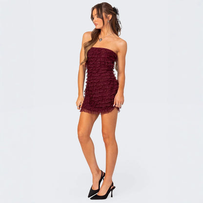 Women’s Strapless Mini Dress – Bodycon Fit – Ruffled Layers – Evening Partywear