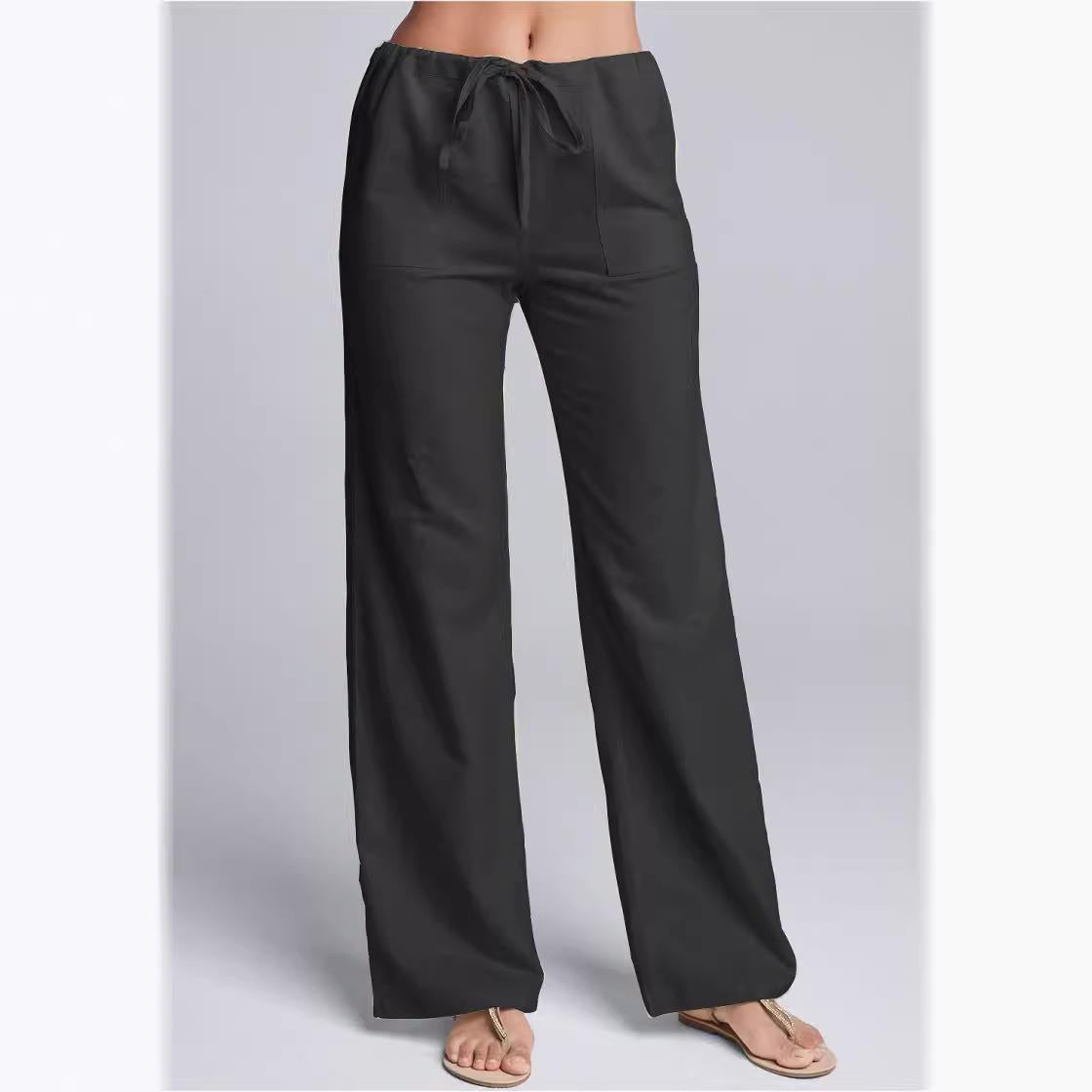 Women’s Casual Trousers – Cotton Linen Blend – Loose Fit – Drawstring Waist – Full Length