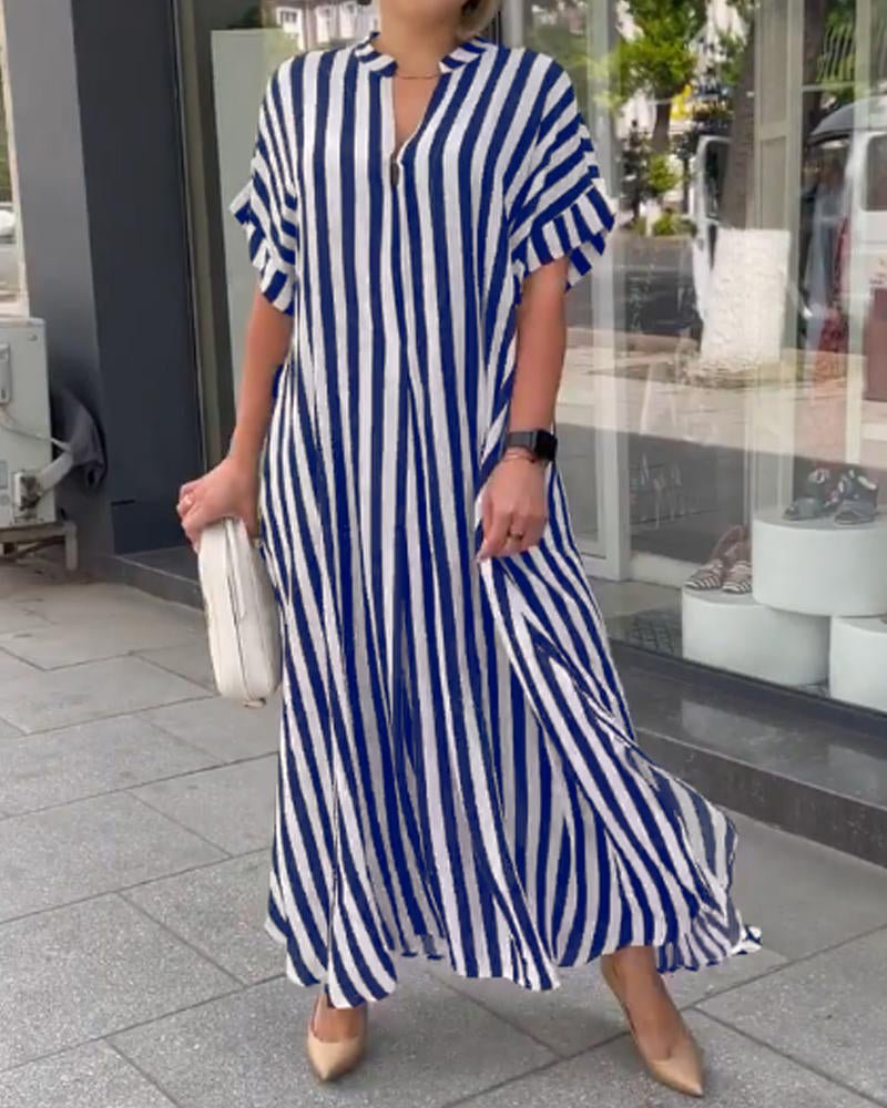 Women's Side Slit Dress - Short Sleeved - Vertical Striped Design