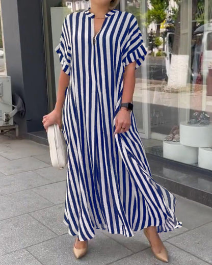 Women's Side Slit Dress - Short Sleeved - Vertical Striped Design