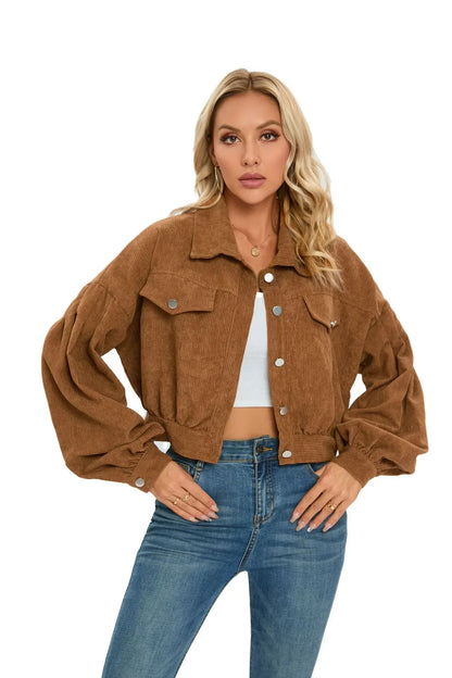 Women’s Cropped Jacket – Corduroy – Oversized Fit – Balloon Sleeves – Chest Pockets
