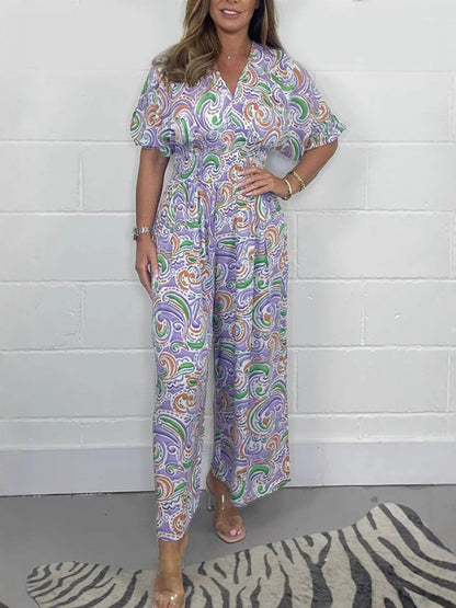 Women’s Jumpsuit – Relaxed Fit – Wide Leg – V-Neck – Short Sleeve – Boho Print