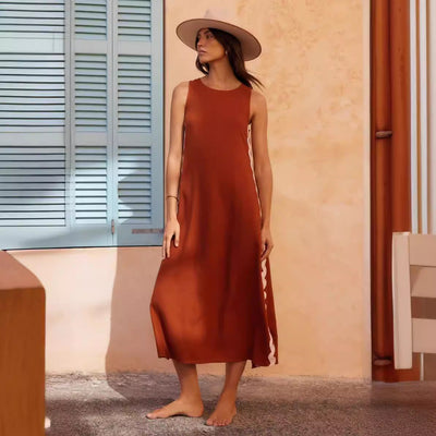 Women’s Sleeveless Dress – Relaxed Fit – Midi Length – Round Neck – Cotton Blend