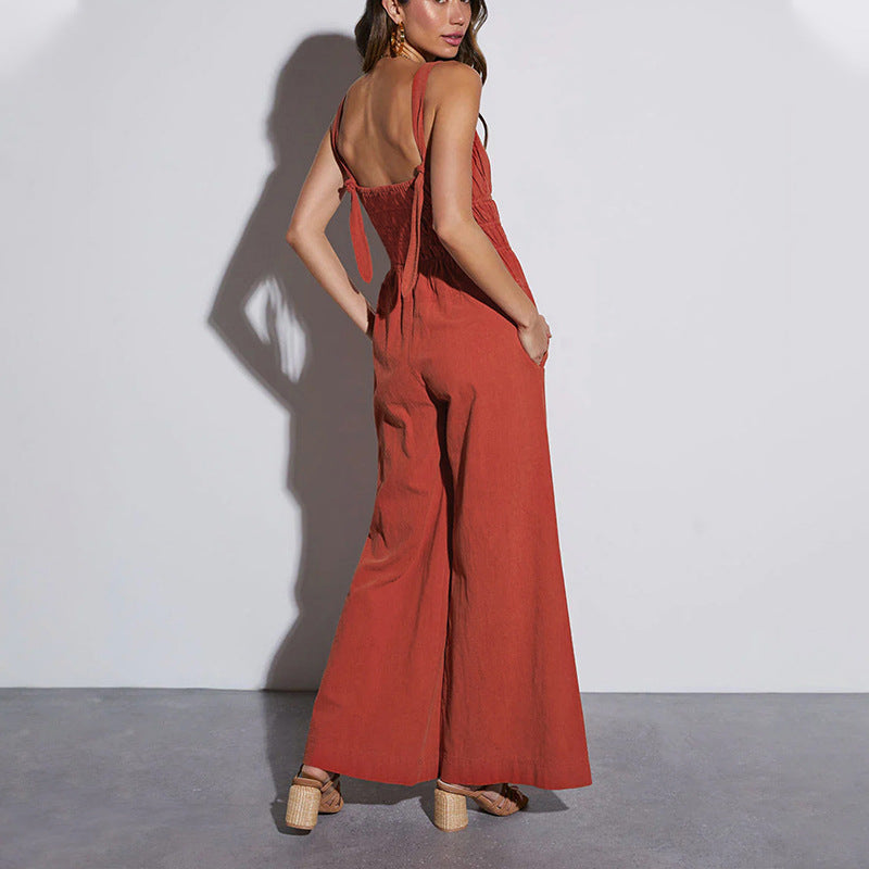Women’s Jumpsuit – Cotton Linen – Wide Leg – Sleeveless – Elastic Waist – V-Neck