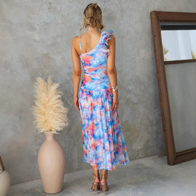 Women’s Spaghetti Strap Dress – Mesh Fabric – Abstract Print – Ruffled Shoulder – Midi Length