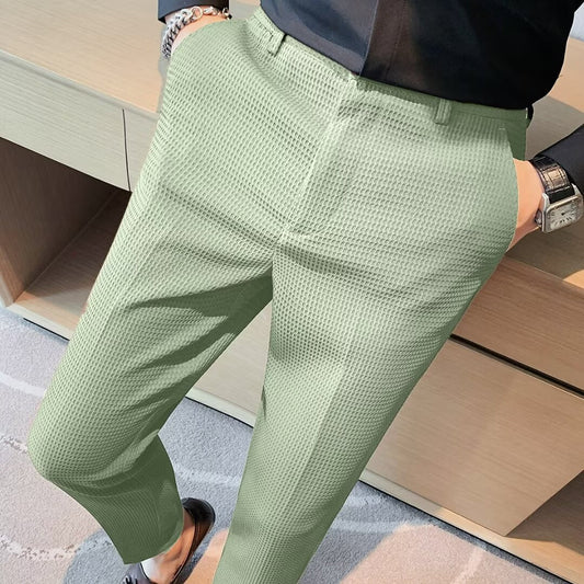 Men’s Cropped Trousers – Slim Fit – Textured Fabric – Tapered Leg – Smart Casual
