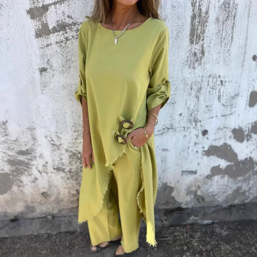 Women’s Two-Piece Set – Oversized Fit – Soft Cotton Feel – Side Button Detail – Full Length