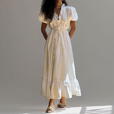 Women’s Midi Dress – Puff Sleeve – Lightweight Cotton – Tie Waist – Ruffled V-Neck
