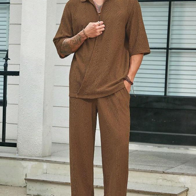 Men’s Shirt and Pants Set – Relaxed Fit – Lightweight Cotton – Mid Sleeve – Casual Wear