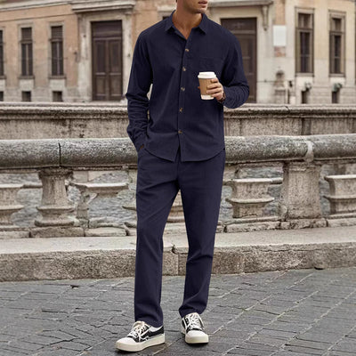 Men’s Shirt and Trousers Set – Corduroy – Relaxed Fit – Button-Up Casual Outfit
