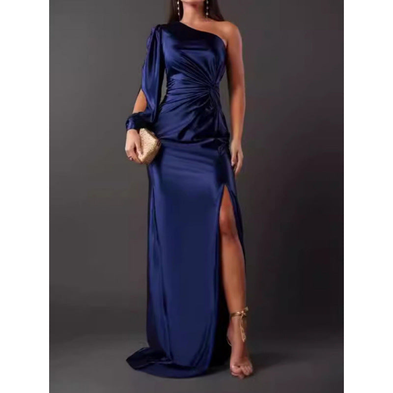 Women’s Maxi Dress – Satin Finish – One Shoulder – High Slit – Ruched Waist – Slim Fit