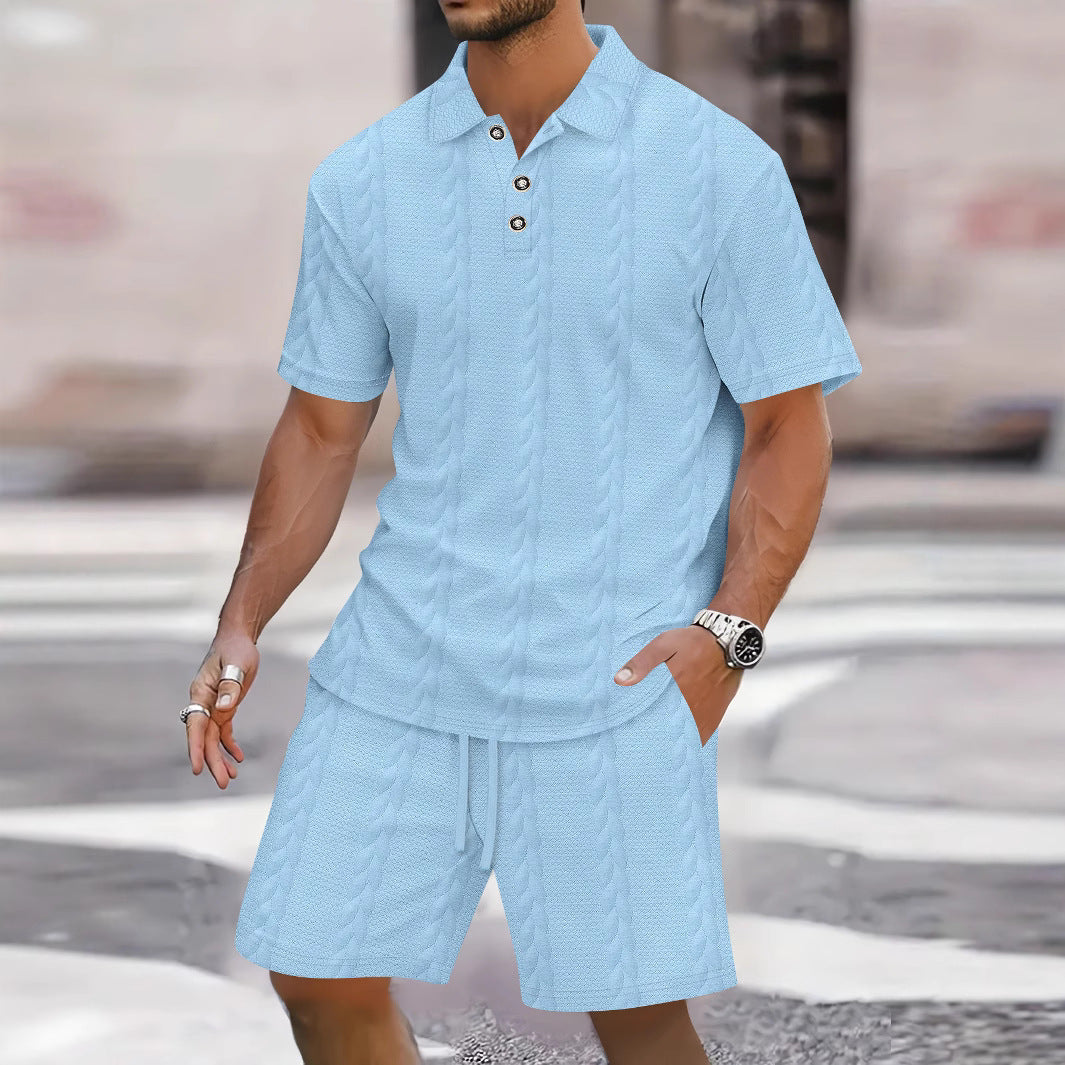 Men’s Shirt and Bermuda Shorts Set – Relaxed Fit – Knit Texture – Button Front – Polo Collar
