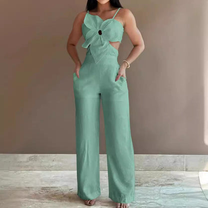 Women’s Jumpsuit – Fitted Bodice – Wide Leg – Backless – Bow Front – Cut-Out Detail