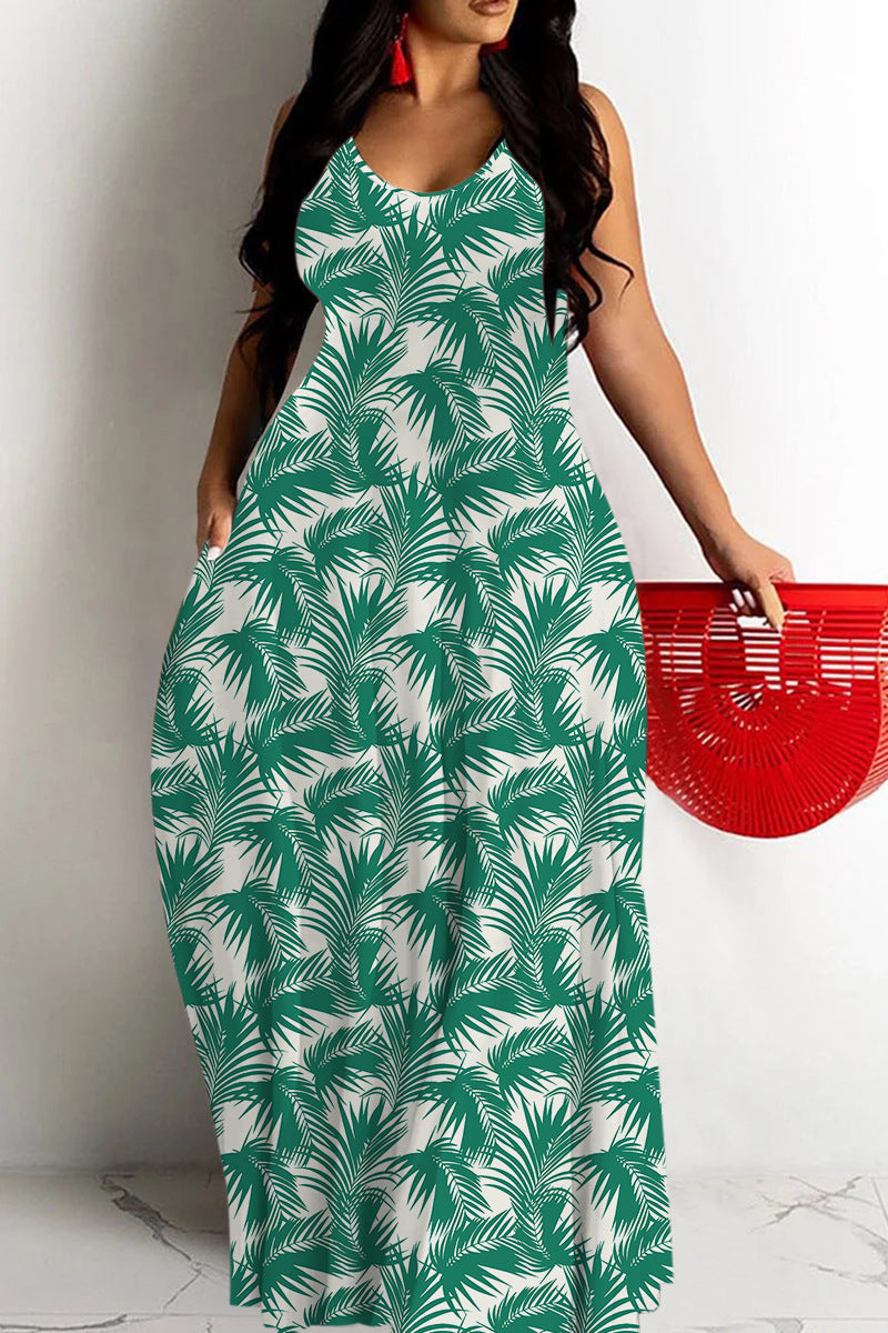 Women’s Maxi Dress – Flowy Fit – Deep V Neck – Spaghetti Straps – Abstract Print