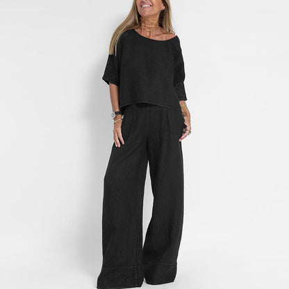 Women’s Two-Piece Set – Linen Blend – Relaxed Fit – Short Sleeve Top & Wide-Leg Trousers