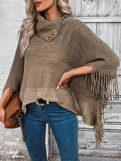 Women’s Knitted Poncho – Wool Blend Knit – Oversized Fit – Lapel Neck with Fringe Hem