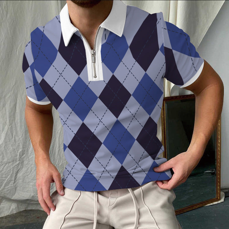Men’s Polo Shirt – Slim Fit – Cotton – Checkered – Short Sleeve Zip Collar