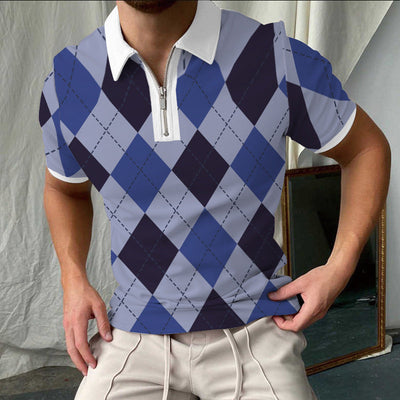 Men’s Polo Shirt – Slim Fit – Cotton – Checkered – Short Sleeve Zip Collar