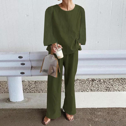 Women’s Two-Piece Set – Linen Blend – Relaxed Fit – Long Sleeve Top – Wide Leg Trousers