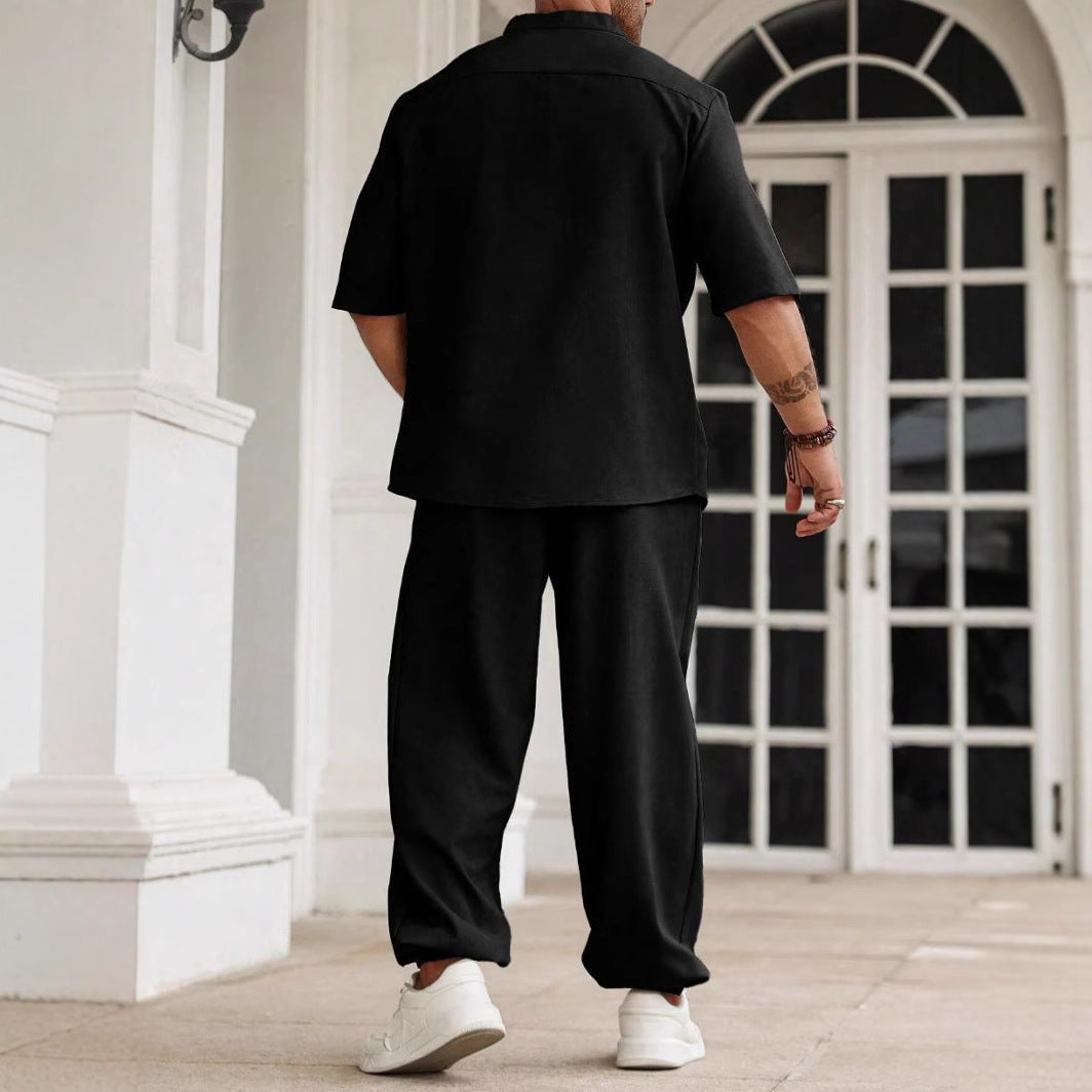 Men’s Casual Set – Cotton Linen Blend – Relaxed Fit – Short Sleeve Shirt & Trousers
