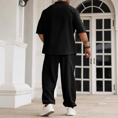 Men’s Casual Set – Cotton Linen Blend – Relaxed Fit – Short Sleeve Shirt & Trousers