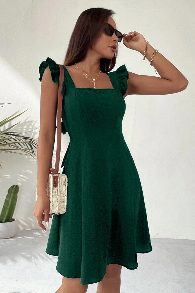 Women’s Mini Dress – Fit and Flare – Ruffled Straps – Square Neck – Lightweight Cotton
