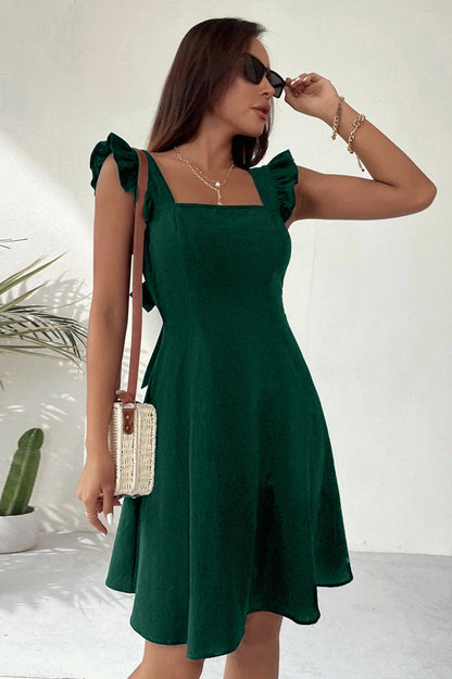 Women’s Mini Dress – Fit and Flare – Ruffled Straps – Square Neck – Lightweight Cotton