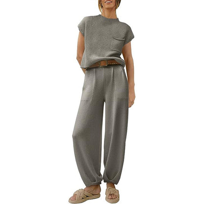 Women’s Knit Sweater Set – Short Sleeve Cropped Top – High Waist Wide Leg Trousers