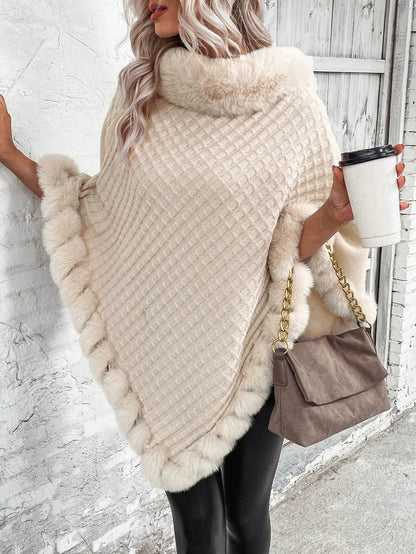 Women’s Poncho Sweater – Cable Knit – Faux Fur Trim – Oversized Fit – Cowl Neck