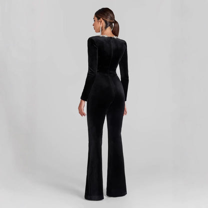 Women’s Jumpsuit – Velvet Fabric – Slim Fit – Flared Leg – Embellished Neckline – Long Sleeve