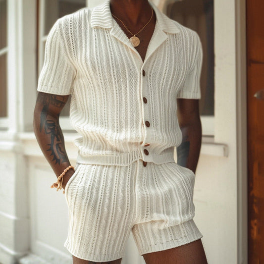 Men’s Knit Shirt and Shorts Set – Slim Fit – Ribbed Texture – Polo Collar – Breathable