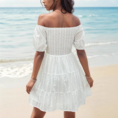 Women’s Off-Shoulder Dress – Smocked Bodice – Puff Sleeves – Eyelet Tiered Skirt