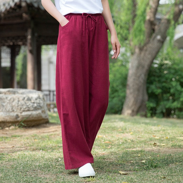 Women’s Wide-Leg Trousers – Cotton Linen Blend – Relaxed Fit – Drawstring Waist – Full Length
