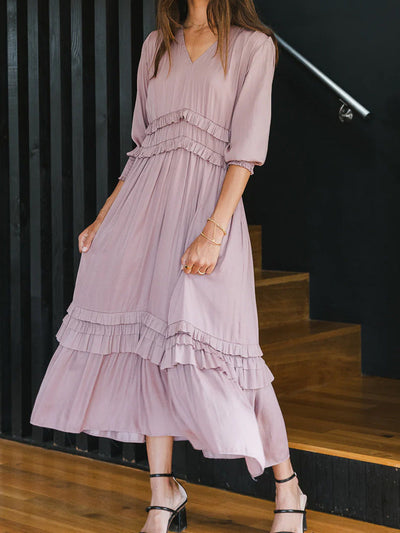 Women’s Midi Dress – V-Neck – Tiered Ruffle Hem – Long Sleeve – Cotton Blend – Relaxed Fit