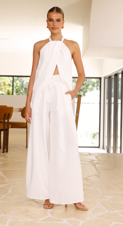 Women’s Two-Piece Set – Halter Neck Crop Top – Wide-Leg Drawstring Trousers – Breathable Fit