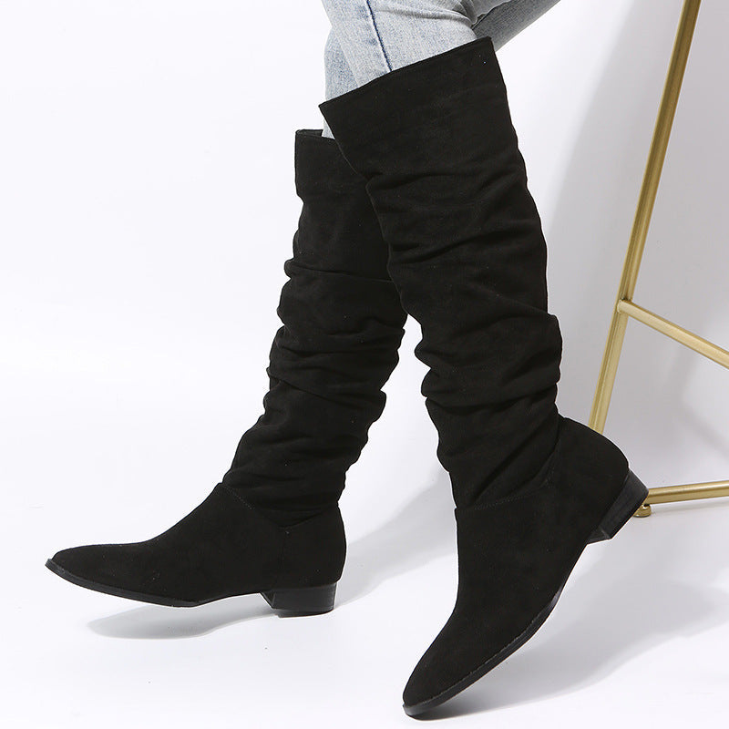 Women’s Knee-High Boots – Suede – Pointed Toe – Slip-On – Flat Sole Relaxed Fit