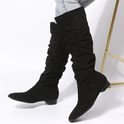 Women’s Knee-High Boots – Suede – Pointed Toe – Slip-On – Flat Sole Relaxed Fit