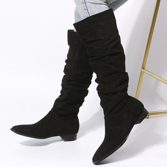 Women’s Knee-High Boots – Suede – Pointed Toe – Slip-On – Flat Sole Relaxed Fit