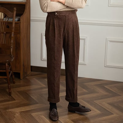 Men’s Corduroy Trousers – High Waist – Straight Fit – Pleated Front – Full Length