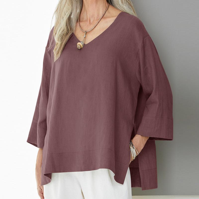 Women’s V-Neck Top – Cotton Linen Blend – Loose Fit – 3/4 Sleeve – Side Slits