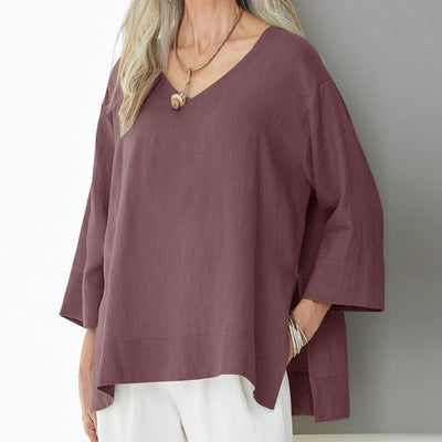 Women’s V-Neck Top – Cotton Linen Blend – Loose Fit – 3/4 Sleeve – Side Slits