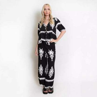 Women's Two-Piece Set – Lightweight Relaxed Fit Tie-Front Top and Wide-Leg Trousers