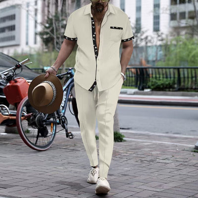Men’s Two-Piece Set – Relaxed Fit – Cotton Blend – Short Sleeve – Trim Detail – Button Front