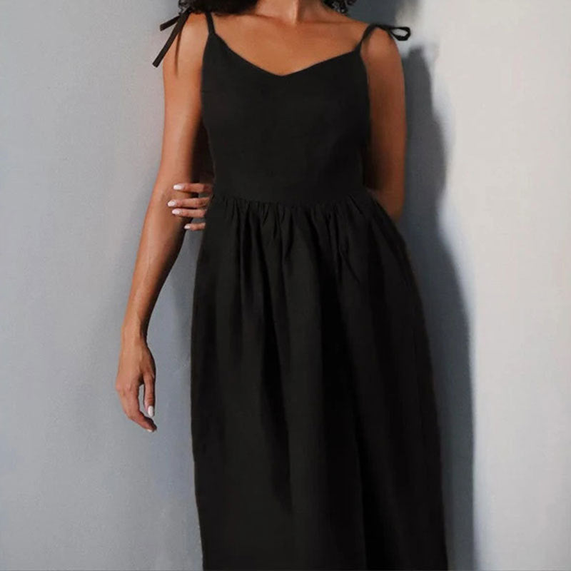 Women’s Midi Dress – V-Neck – Flared Skirt – Open Back – Adjustable Tie Straps