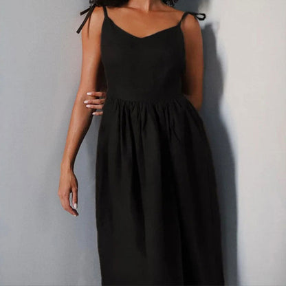Women’s Midi Dress – V-Neck – Flared Skirt – Open Back – Adjustable Tie Straps
